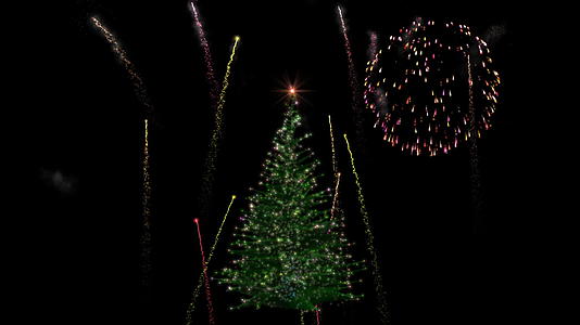 圣诞节灯光树种植在黑色烟花露台上视频的预览图