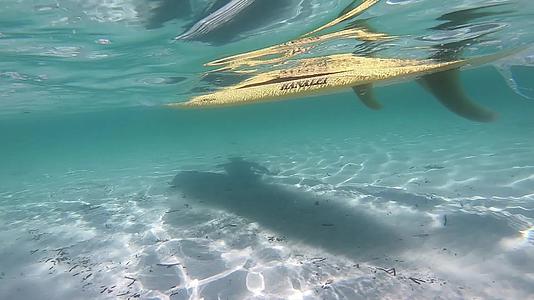 水上运动：水下水晶海拍摄的白色垂直桨的缓慢动作通道反映在白色沙底和潜入水中的桨上视频的预览图
