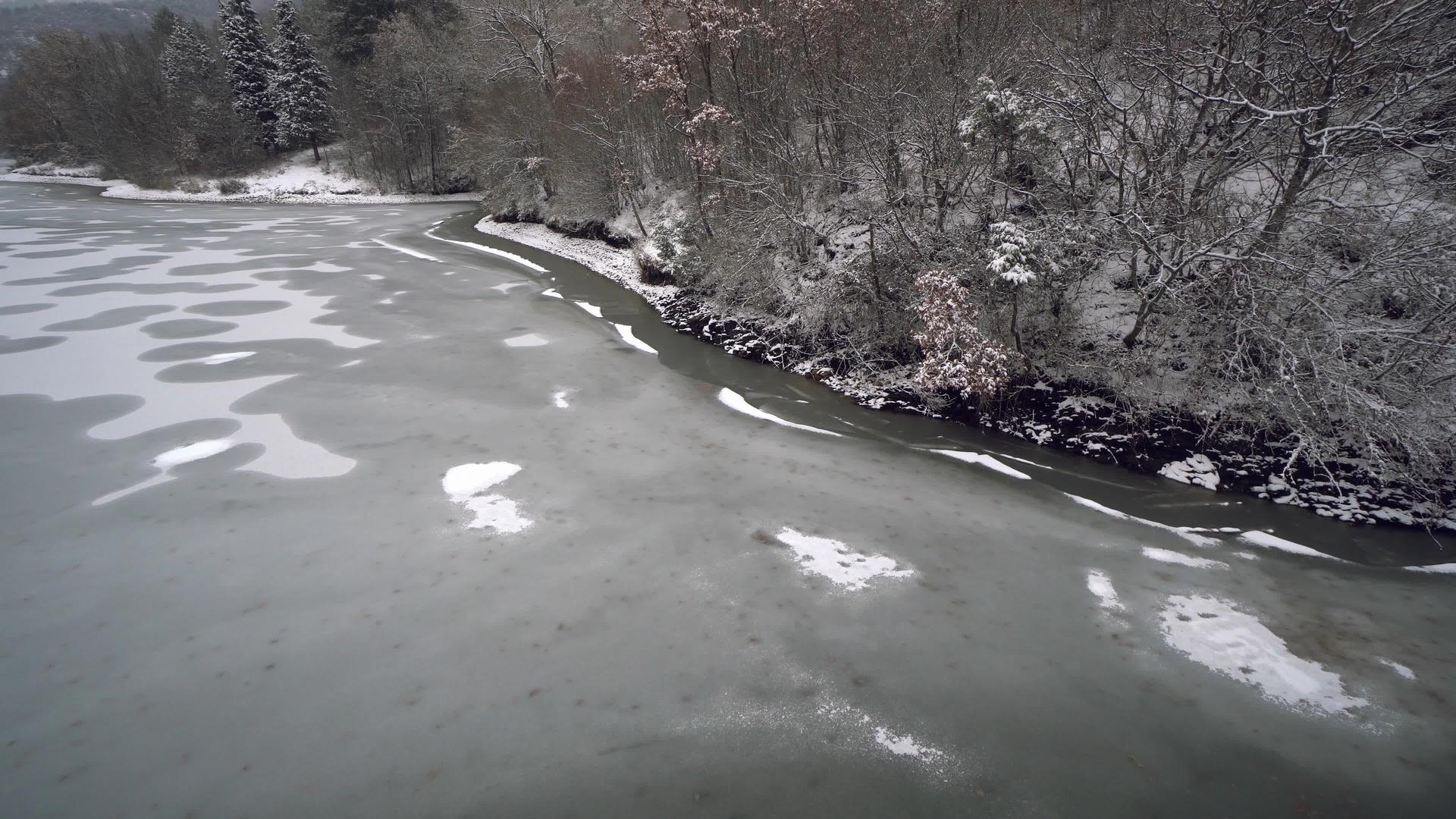 湖面被冰冻在雪白的干树和树桩中寒冷的湖面视频的预览图