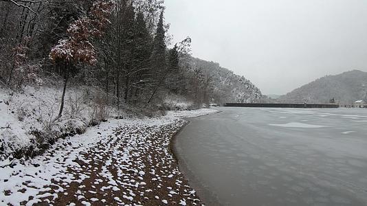 在寒冷的冬湖附近的森林里徒步旅行同时下雪视频的预览图
