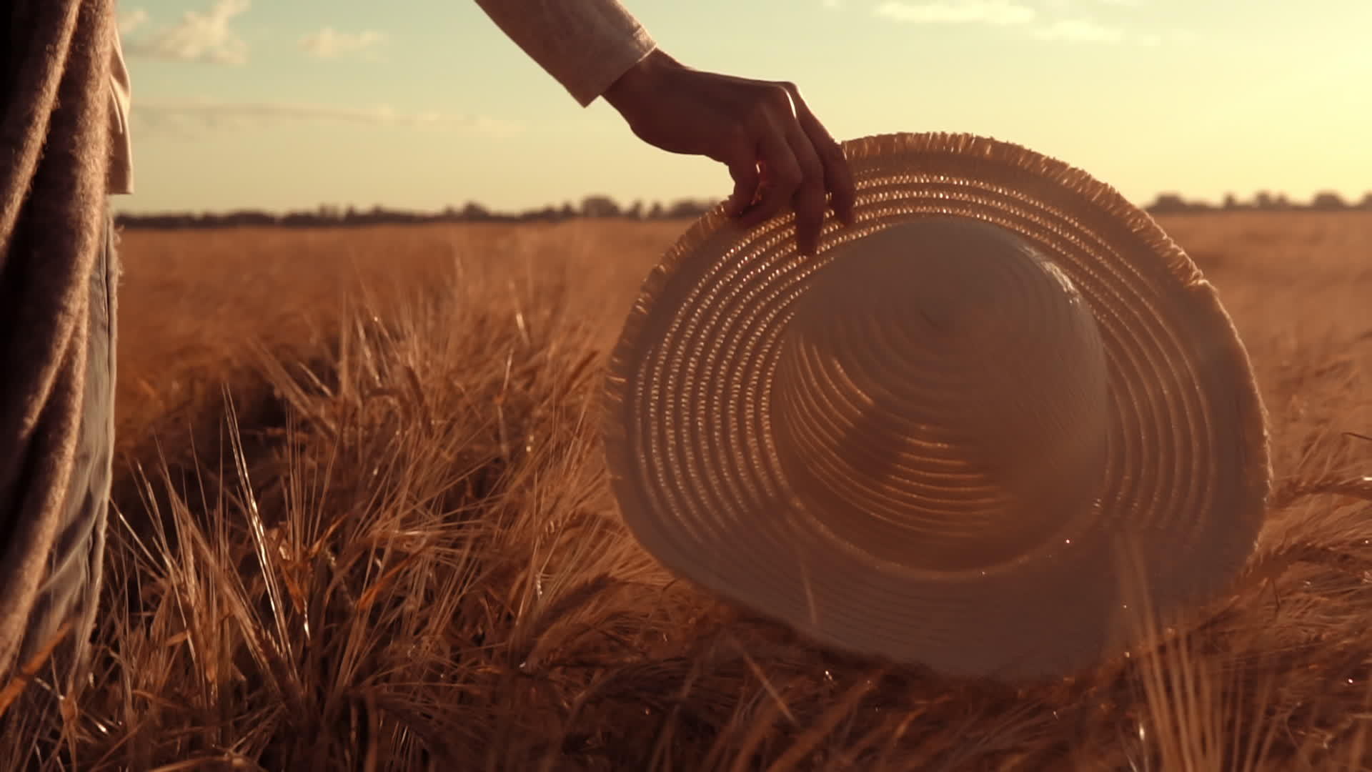 b用小麦在田野里滚动阳光照在草帽上视频的预览图