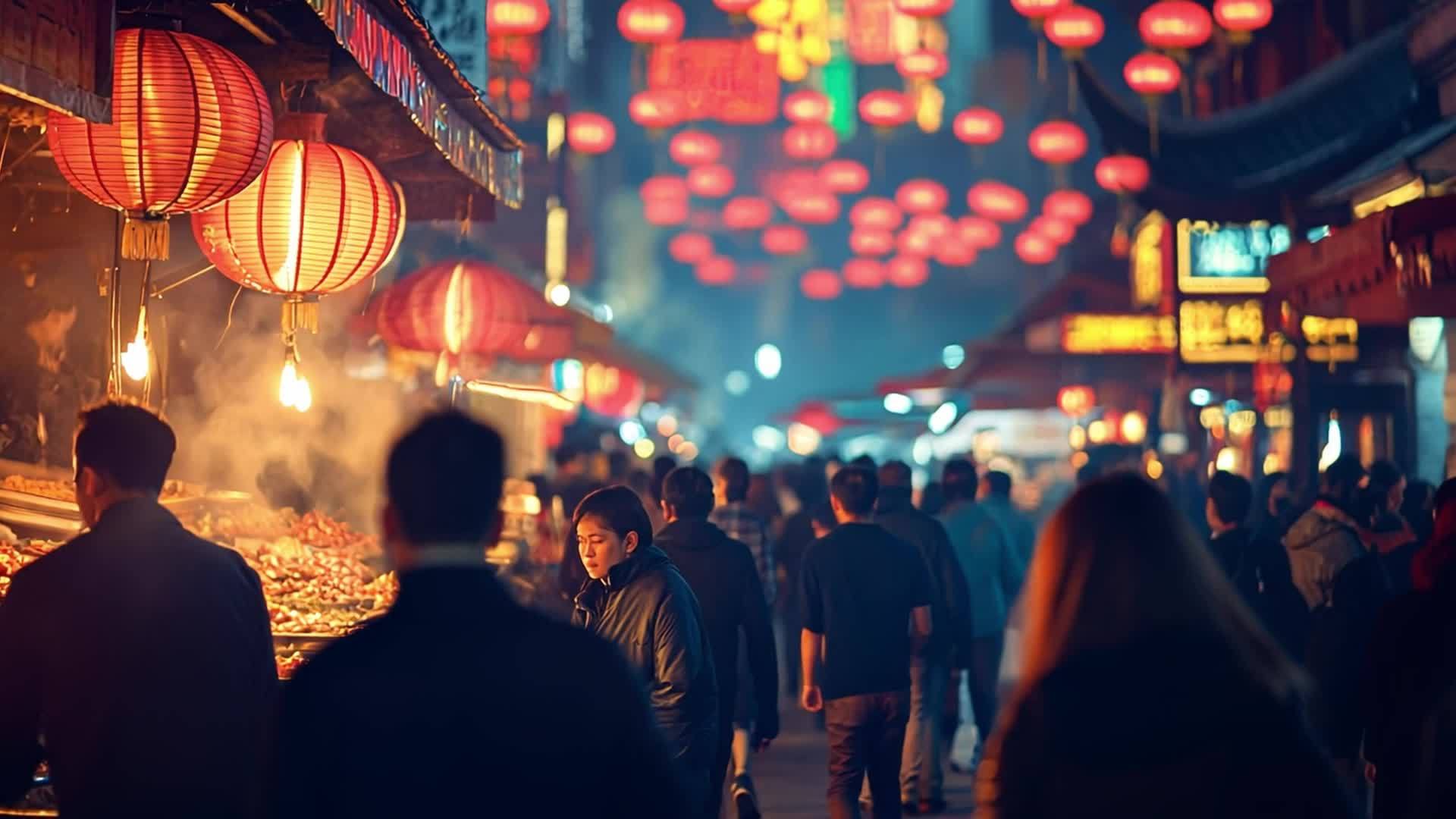 夜市里红灯笼热闹街景人流视频的预览图