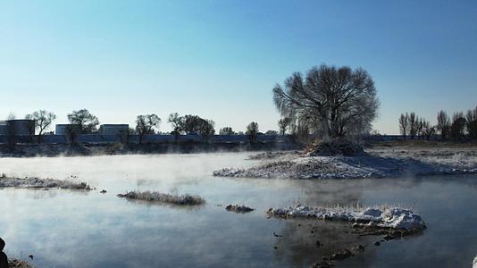 冬季内蒙古大黑河冰雪河流树木雾气景观景观视频的预览图