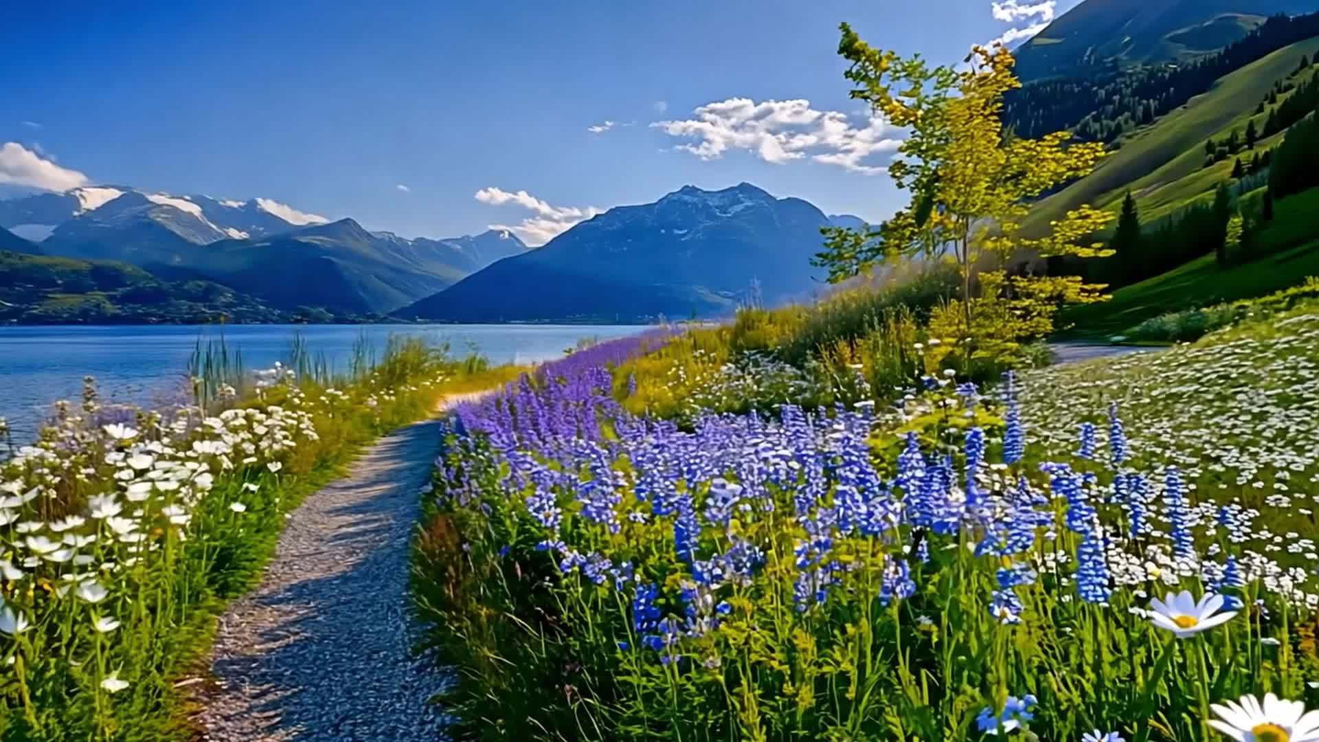春天湖边的花海小径立春视频的预览图