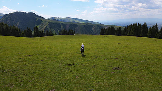 航拍新疆蓝天白云大草原上骑马驰骋的少女背影自然风光4k素材视频的预览图