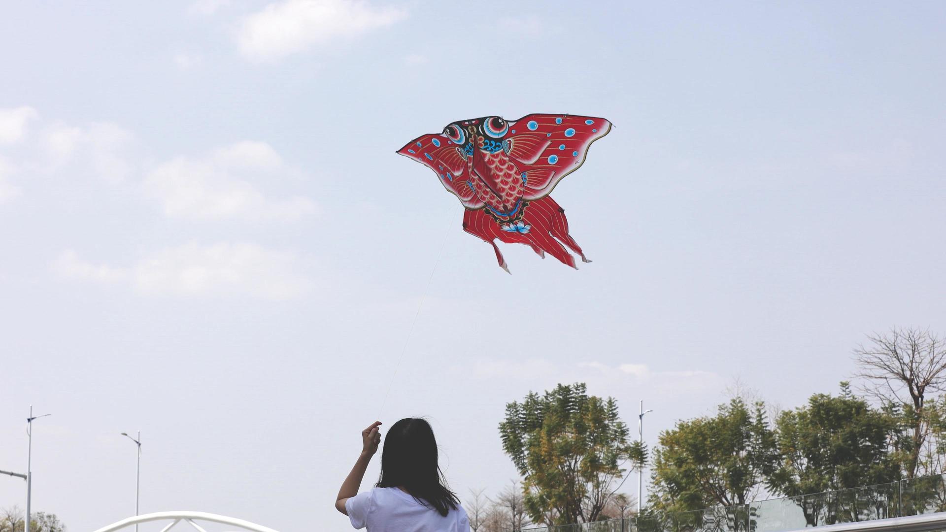 女性春游玩耍带着风筝跑的人视频的预览图