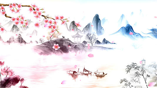 4K中国风水墨山水花瓣飘落背景视频视频的预览图