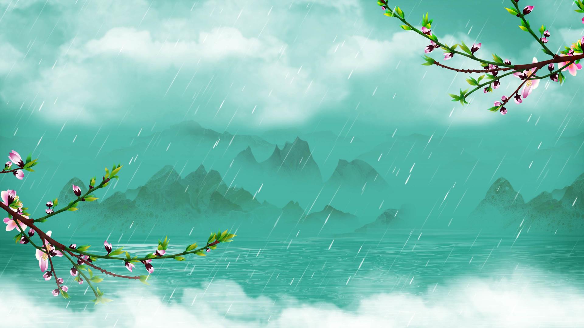 优雅的水墨远山绿叶摇曳细雨清明节背景视频的预览图