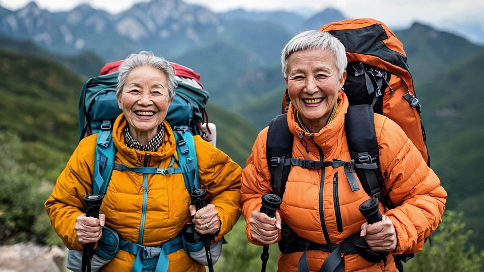 重阳活力老人登山远足运动视频的预览图