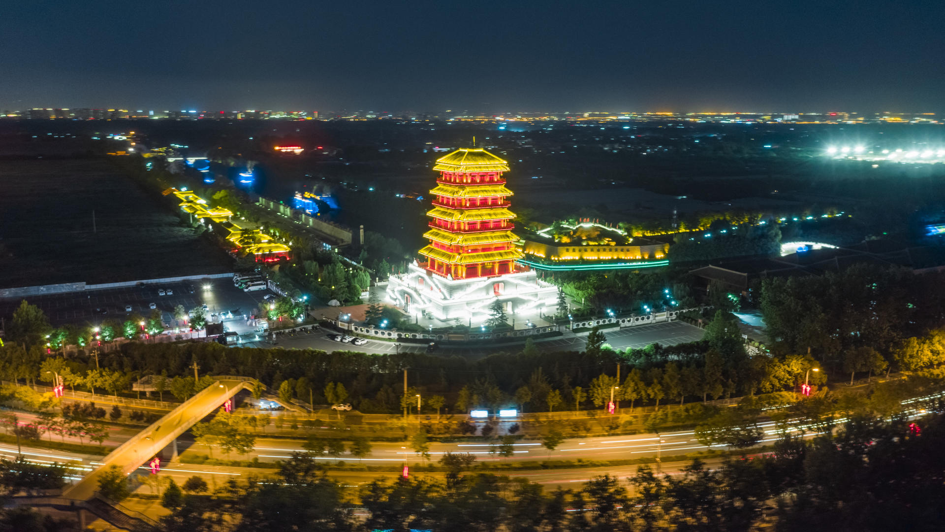 西安汉城湖夜景航拍大范围5k延时视频的预览图