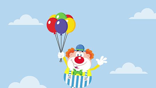 喜剧小丑卡通人物气球在天空中飞舞视频的预览图