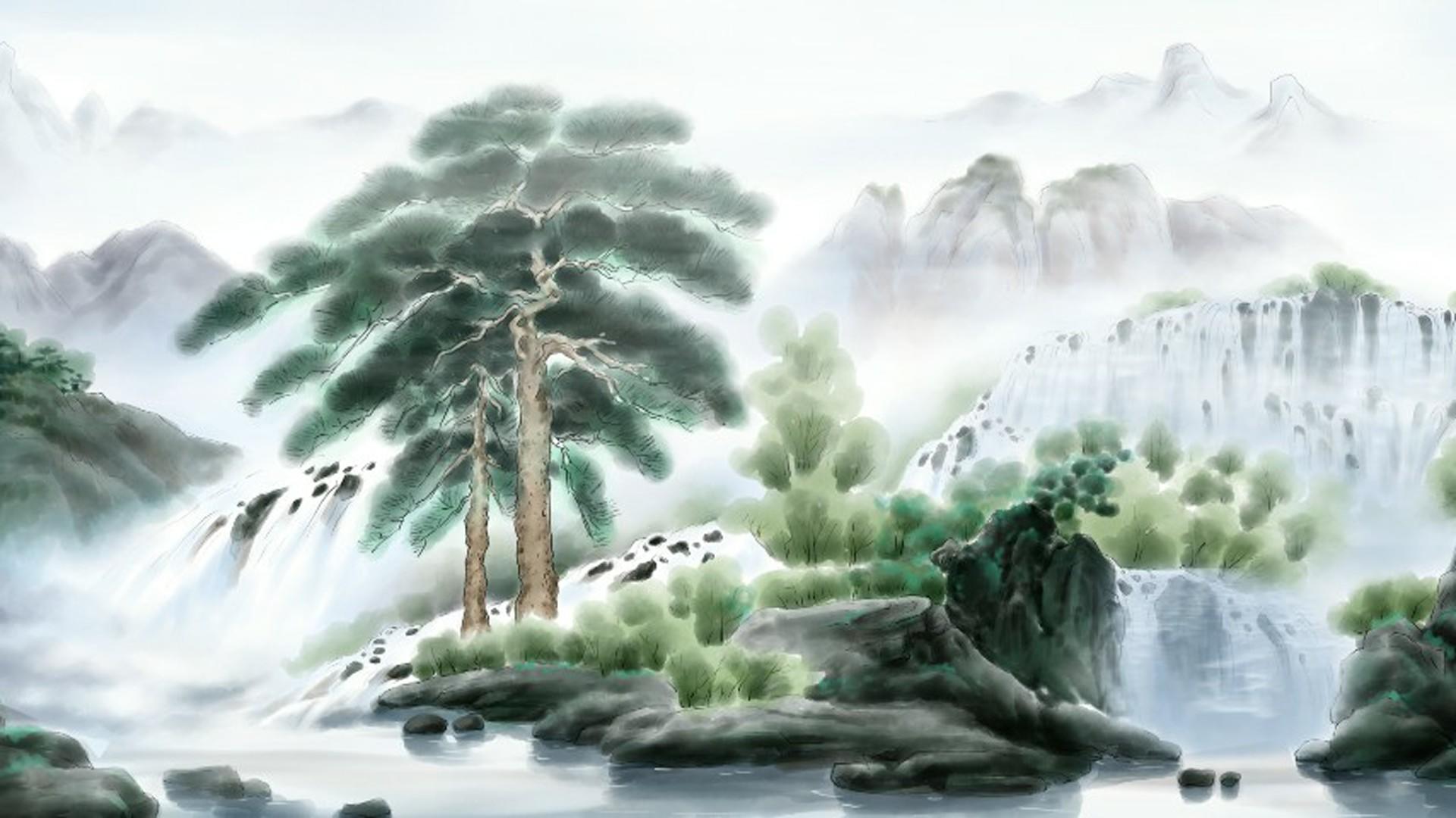彩色水墨山水瀑布背景视频的预览图