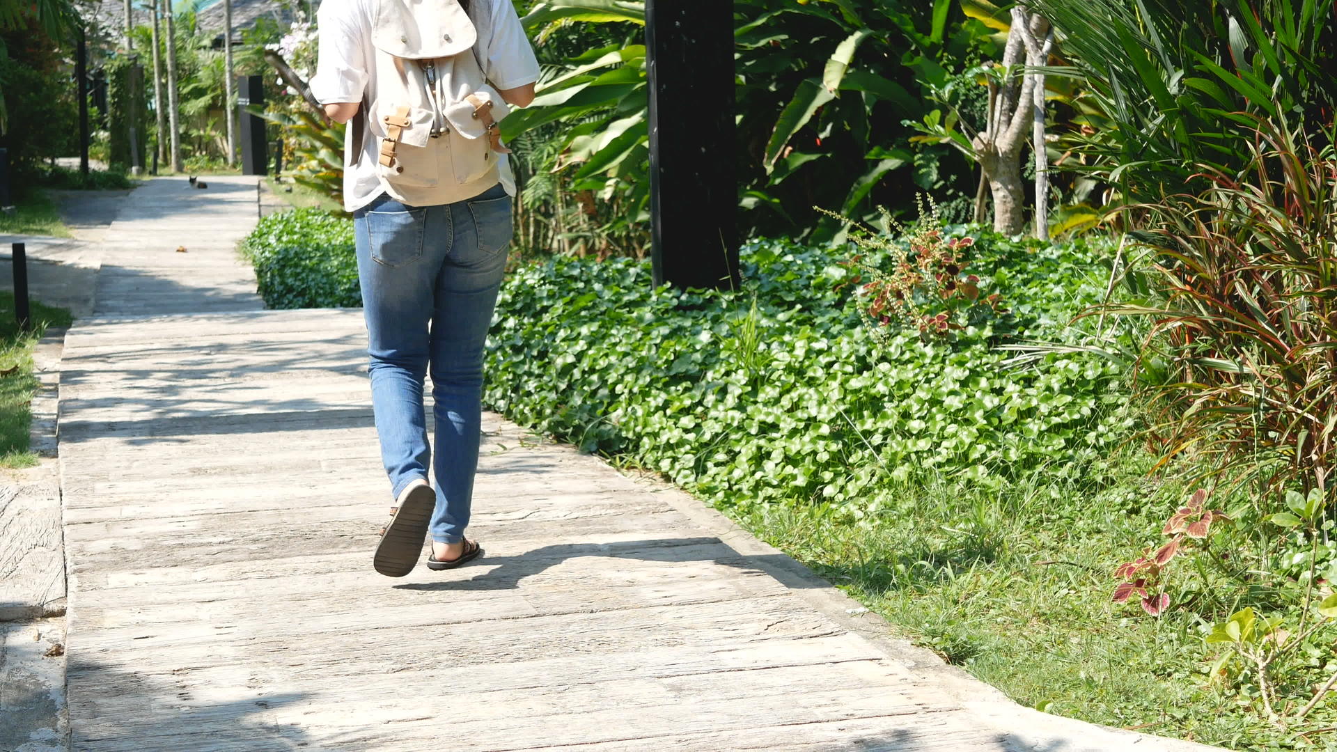 亚洲女游客背着背包走在人行道上视频的预览图