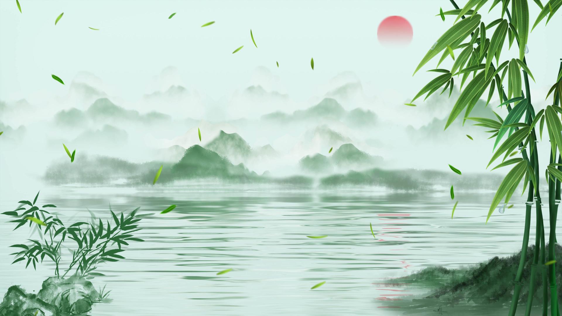 水墨古山竹飘叶清明节背景视频的预览图
