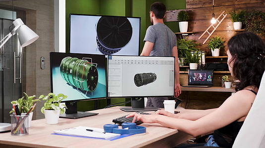 女建筑师在3D新的涡轮原型在软件中使用视频的预览图