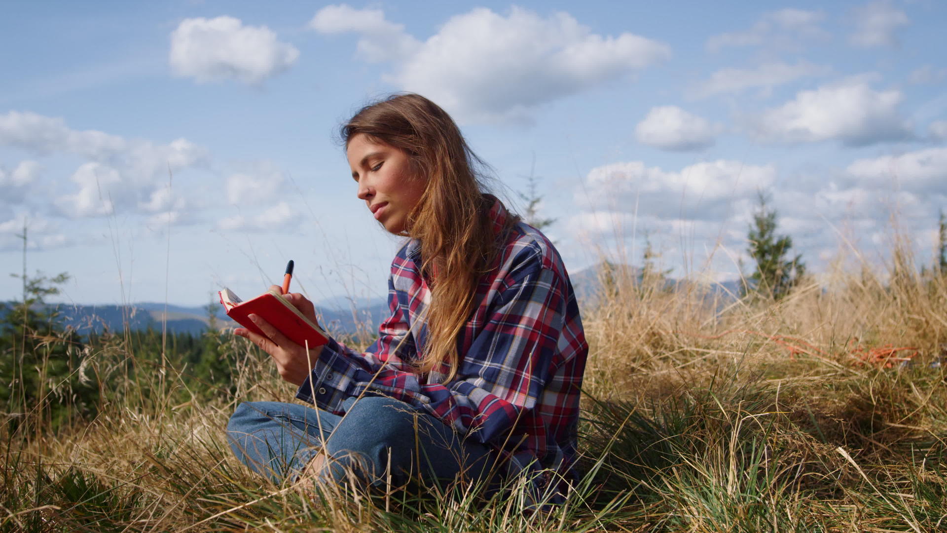 女人坐在草地上拿着笔记本记录视频的预览图