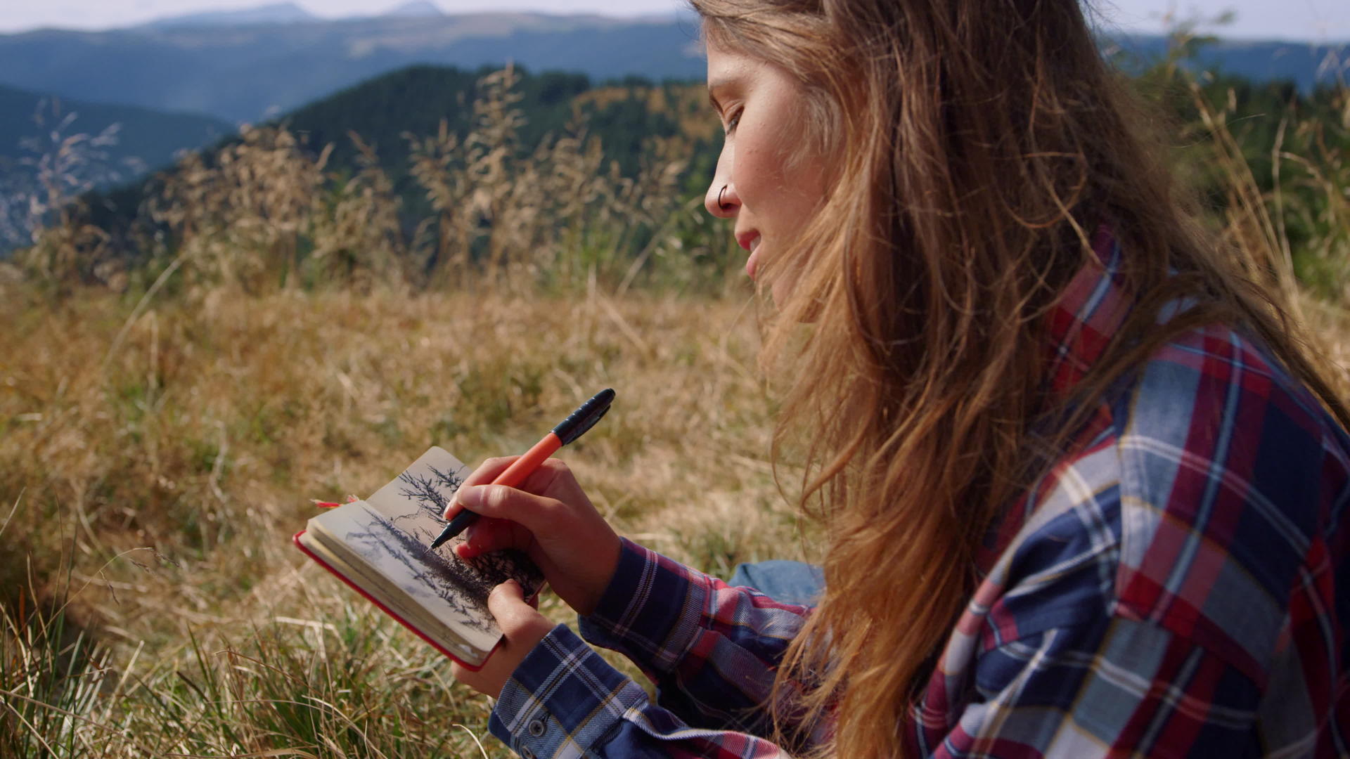 坐在山顶草地上的女人拿着笔记本写生视频的预览图