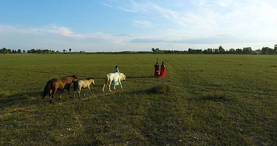 内蒙古牧民牵马4K航拍视频的预览图