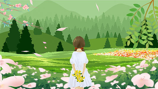 清新采花少女花丛绿地春天动画背景视频的预览图