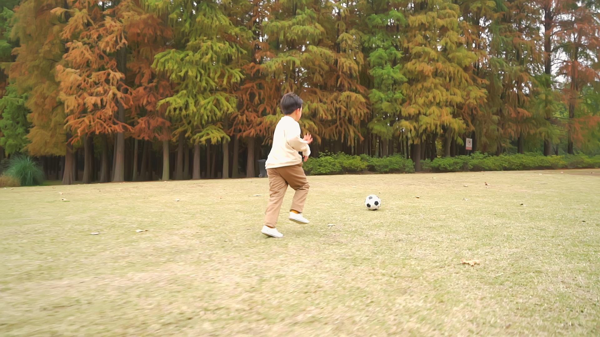 秋天户外公园小男孩踢球升格视频视频的预览图