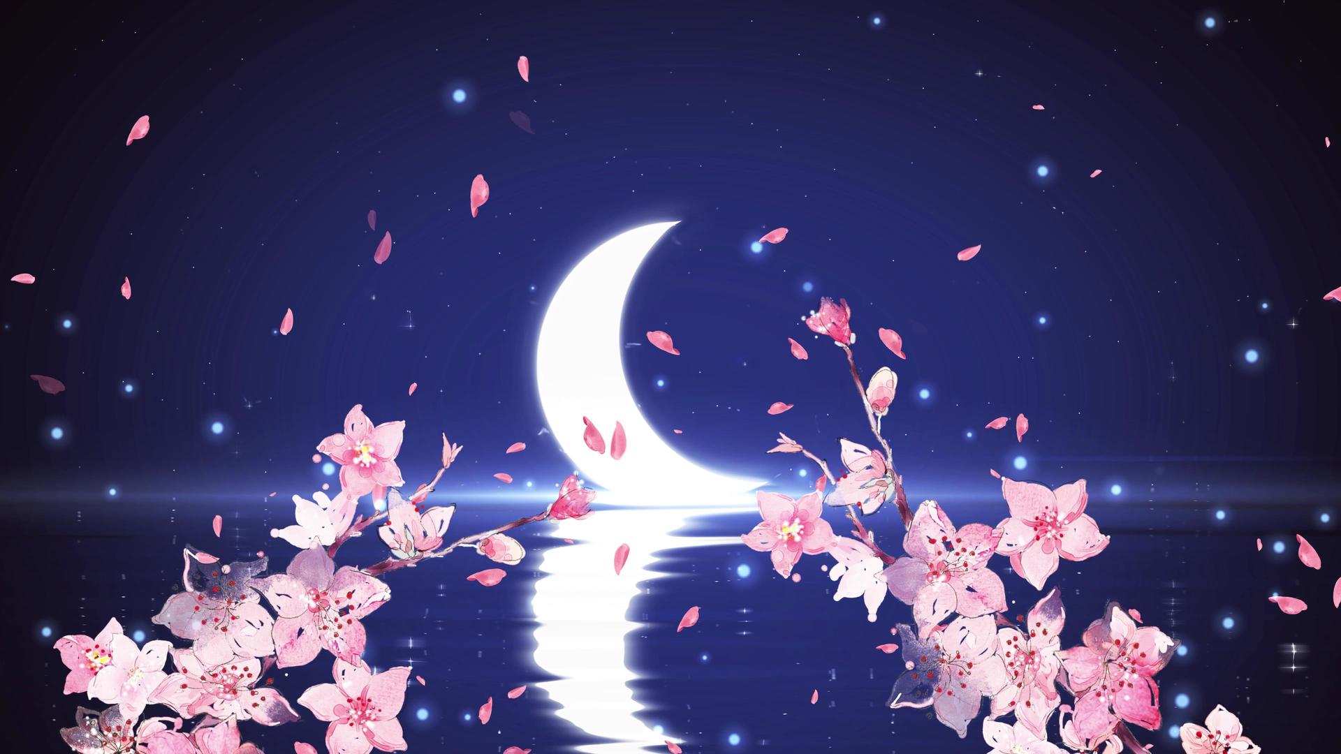 月夜桃花飘动4K背景视频视频的预览图
