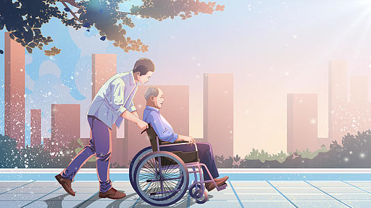 4K父亲节儿子推着坐轮椅的老父亲动态背景视频视频的预览图