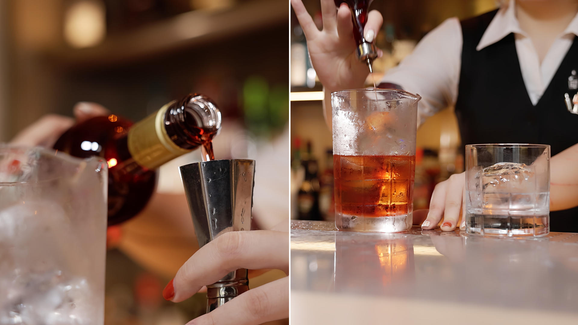 调酒师将酒倒入装满冰块的玻璃杯视频的预览图
