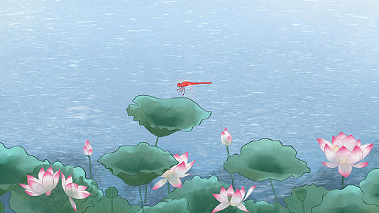 池塘荷花摇曳蜻蜓飞舞卡通背景视频的预览图