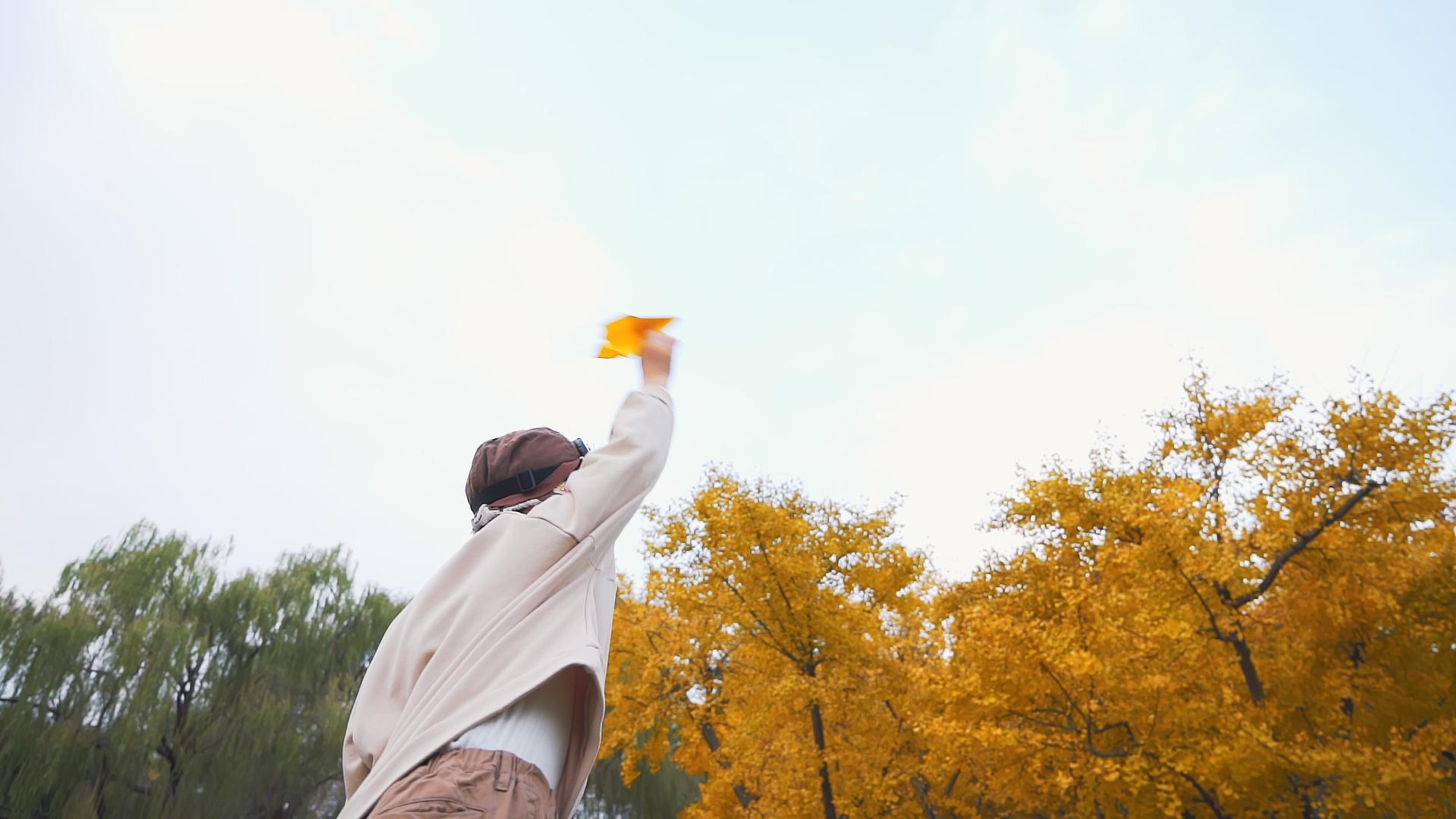 秋季公园草地上扔纸飞机的小男孩升格视频视频的预览图