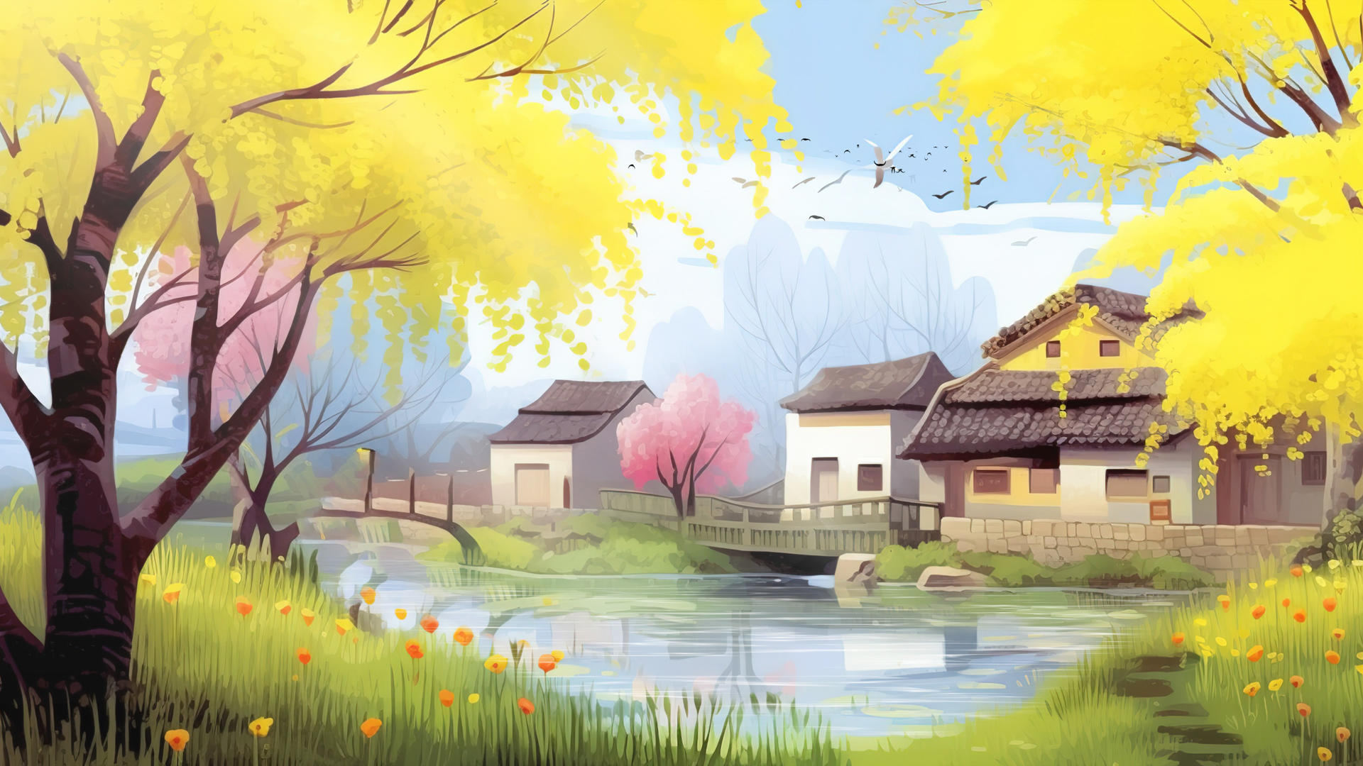 卡通房屋建筑池塘背景视频视频的预览图