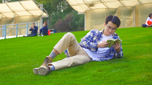 男青年趴在公园草地背单词视频的预览图