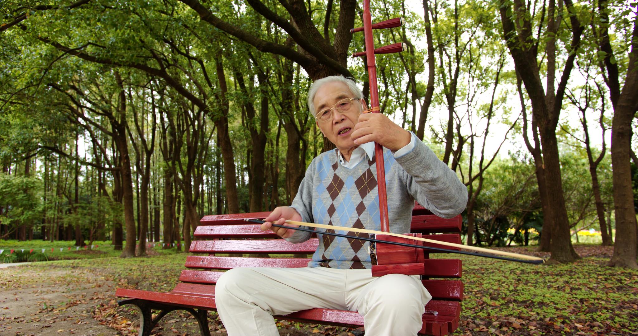 老人在公园长椅上拉二胡视频的预览图