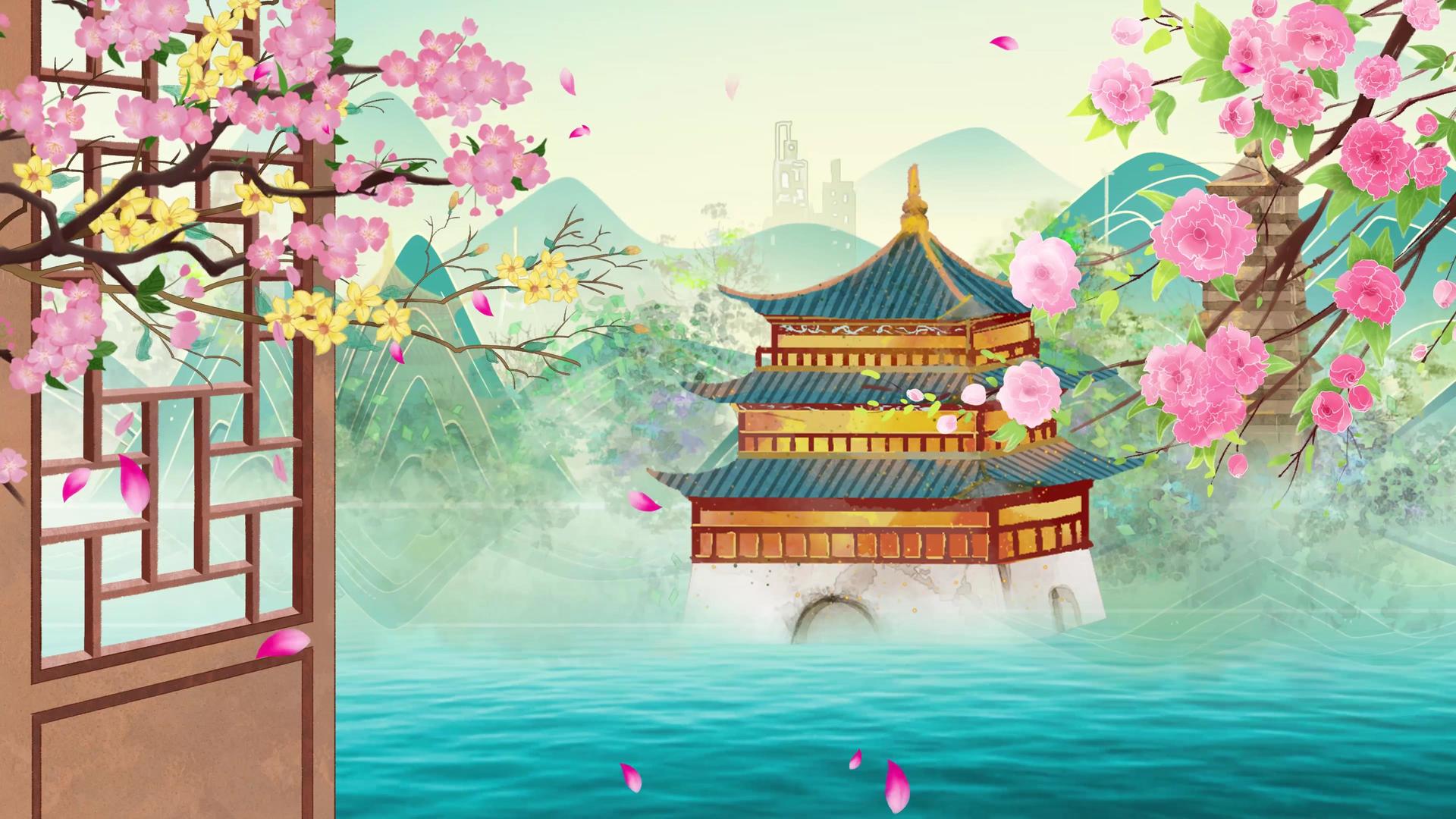 4K中国风古建筑樱花背景视频视频的预览图