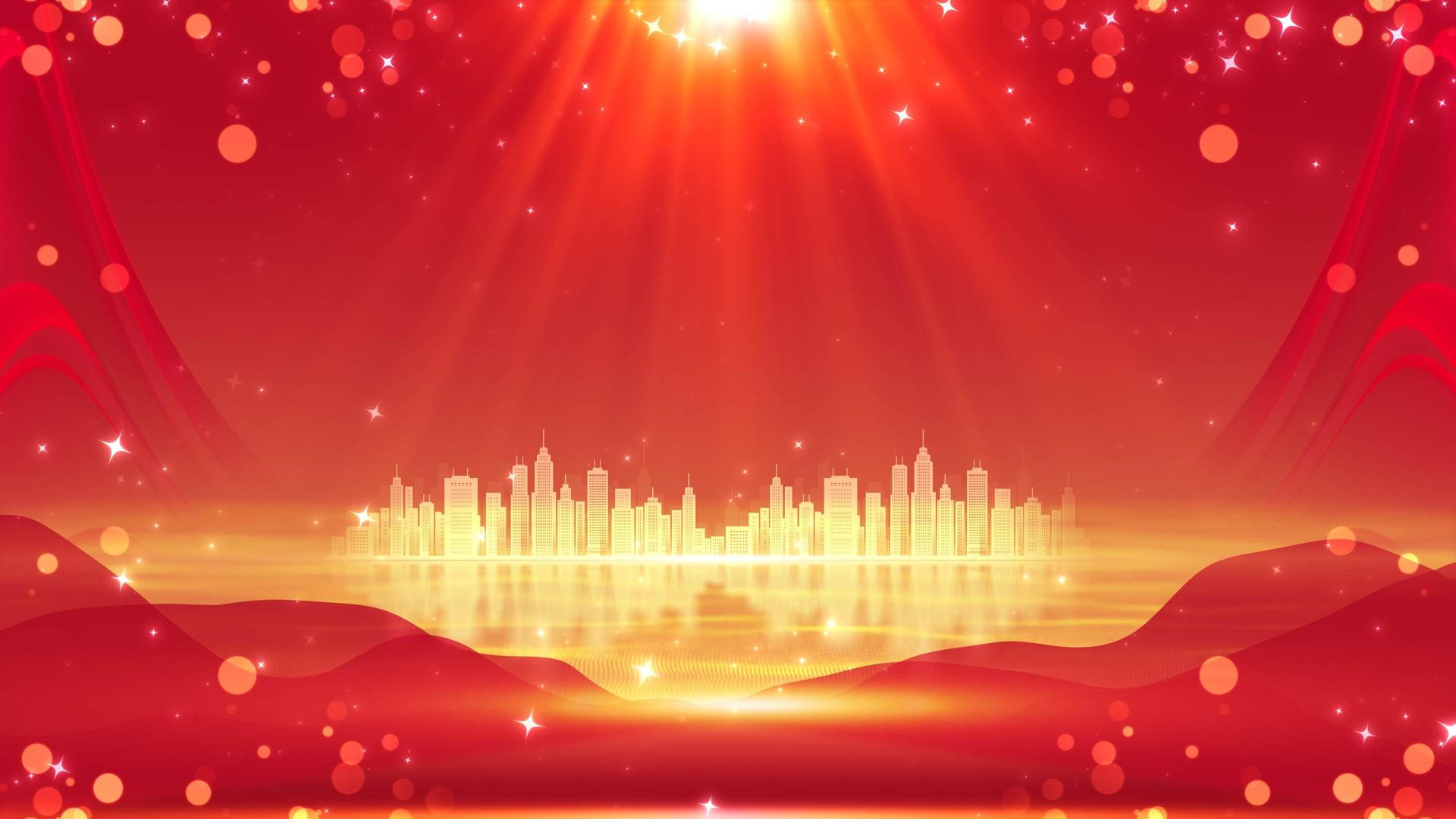 暗调红色城市建筑流波光晕颗粒光线建党节背景视频的预览图