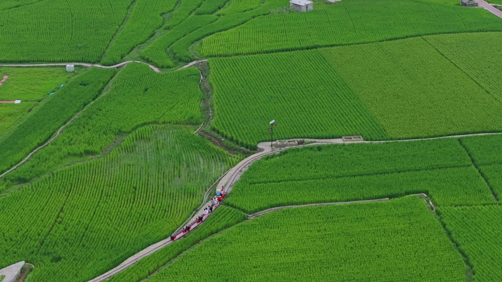 田野里乡村旅游小火车4k航拍视频的预览图