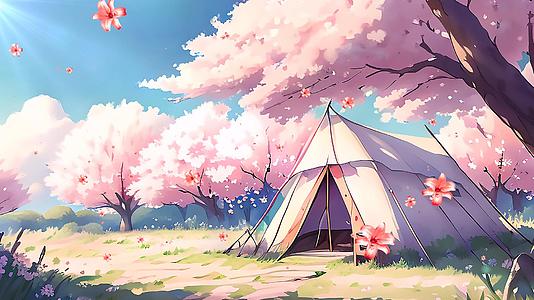 漫画樱花树下帐篷唯美背景视频视频的预览图