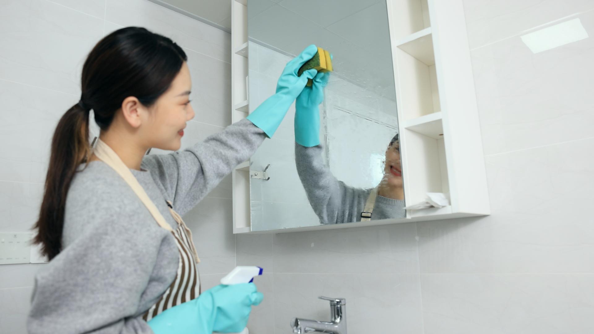 居家女性清洁卫生间化妆镜视频的预览图