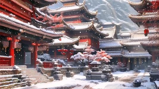 冬天大雪纷飞古镇中国建筑视频的预览图