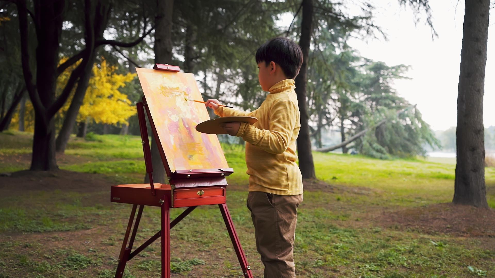 秋季公园写生的小男孩视频的预览图