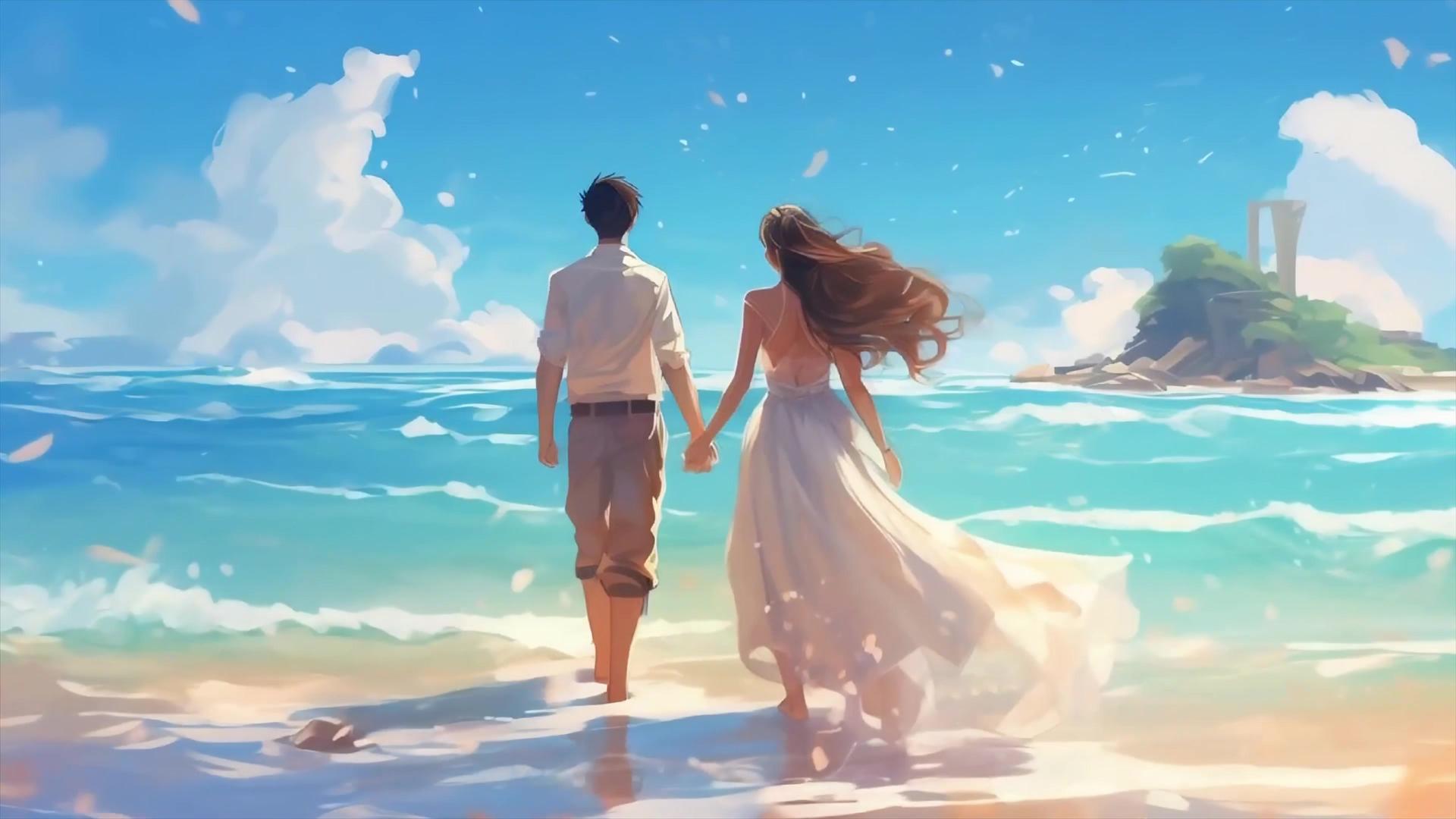 美丽浪漫520情侣海边漫步背景视频视频的预览图