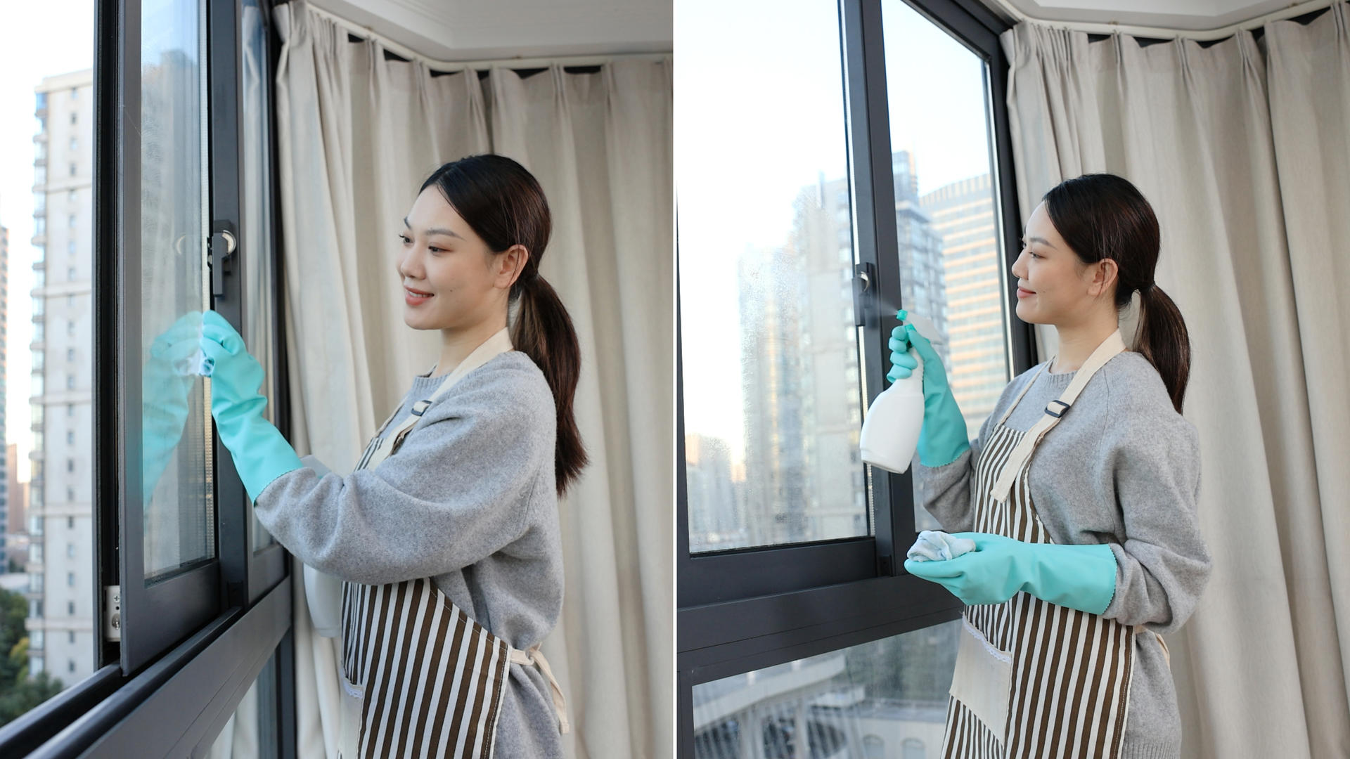 阳台清洁玻璃的居家女性视频的预览图