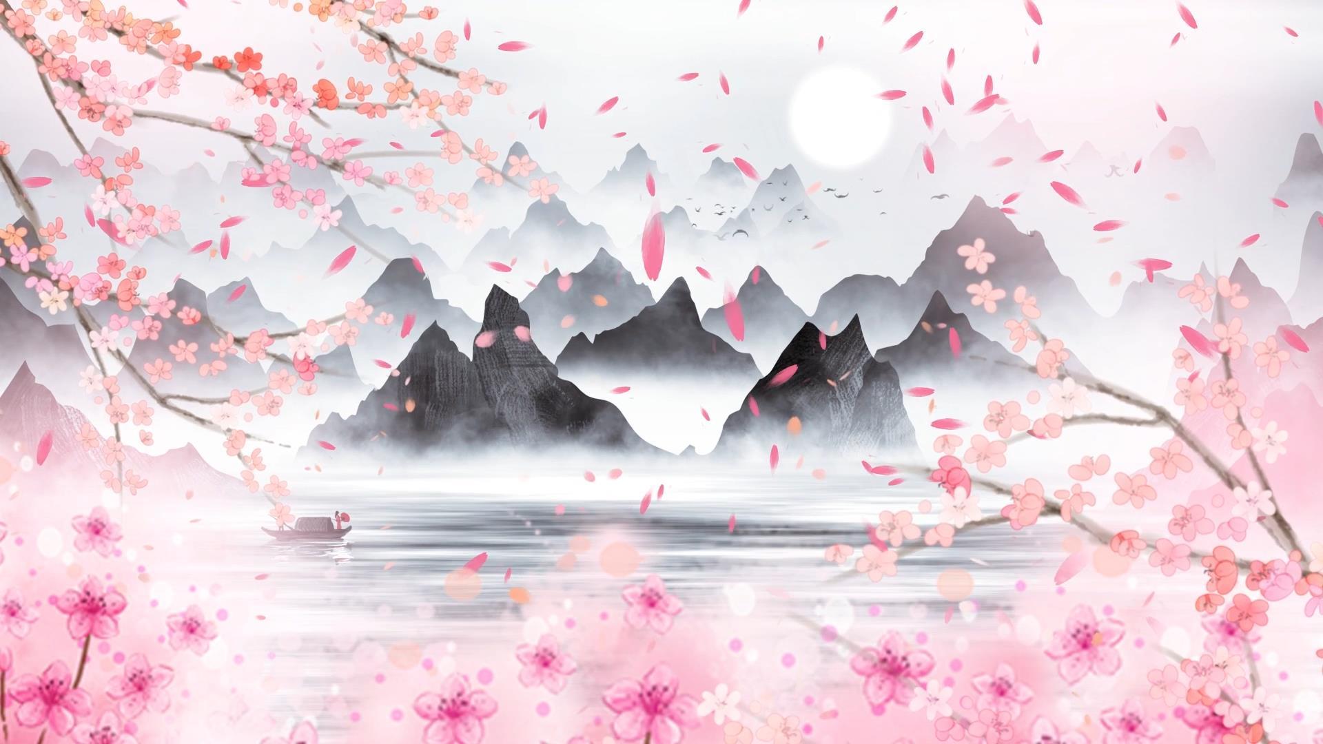 唯美动态水墨桃花飘落背景视频元素视频的预览图