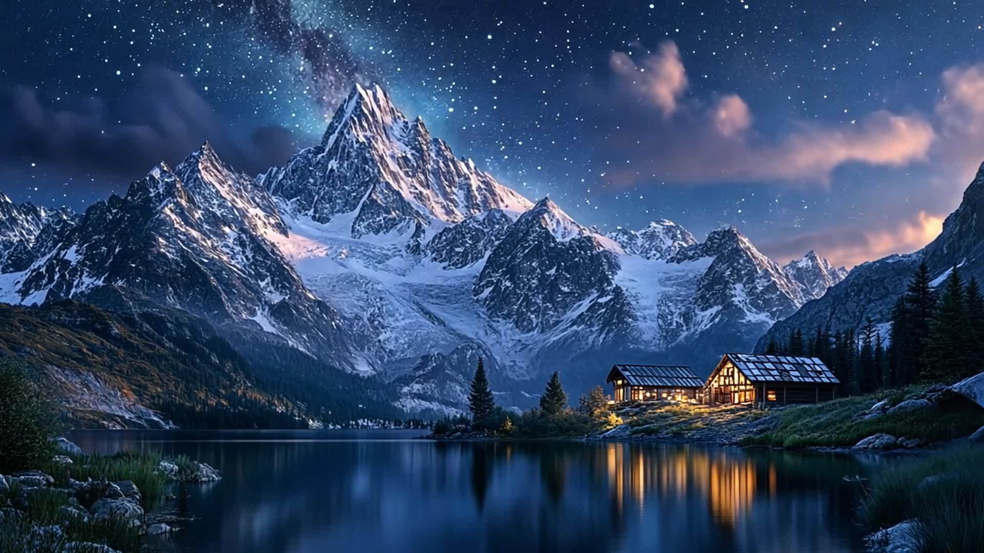 宁静的湖光山色星空下的星河视频的预览图