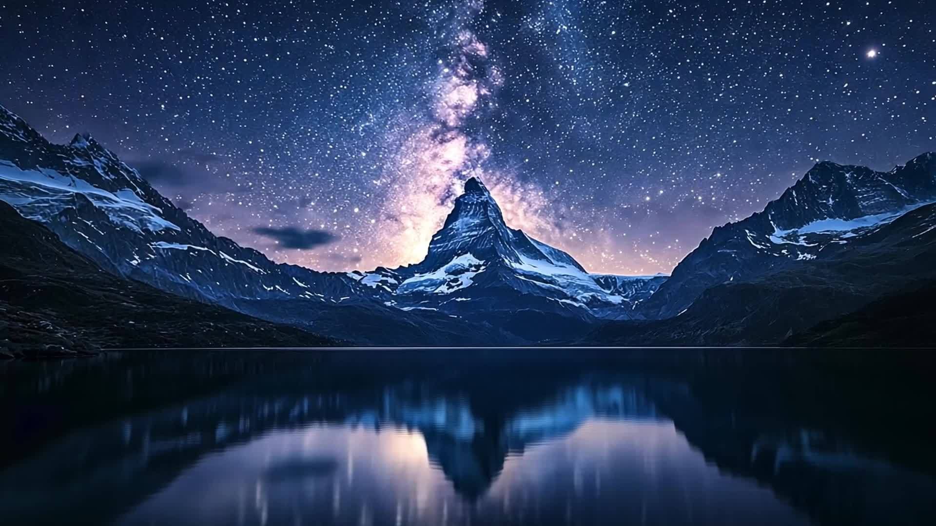 宁静的湖光山色星空下的星河视频的预览图
