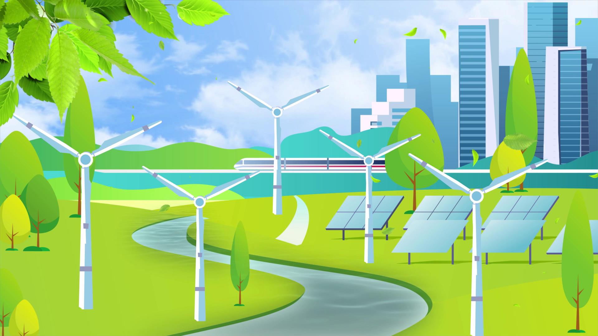 4K卡通城市环保风力发电视频素材视频的预览图