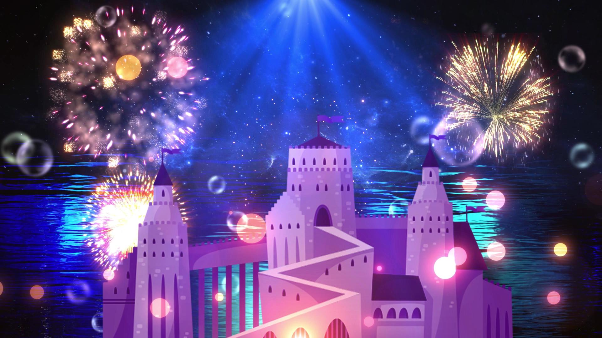 4K夜景梦幻城堡粒子烟花放射背景视频视频的预览图