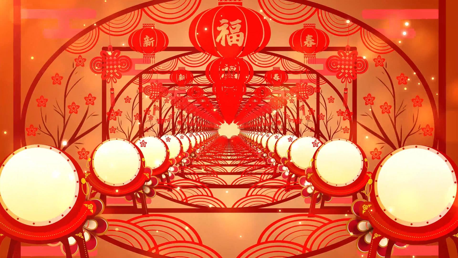 4K红色喜庆锣鼓灯笼新年舞台背景视频的预览图