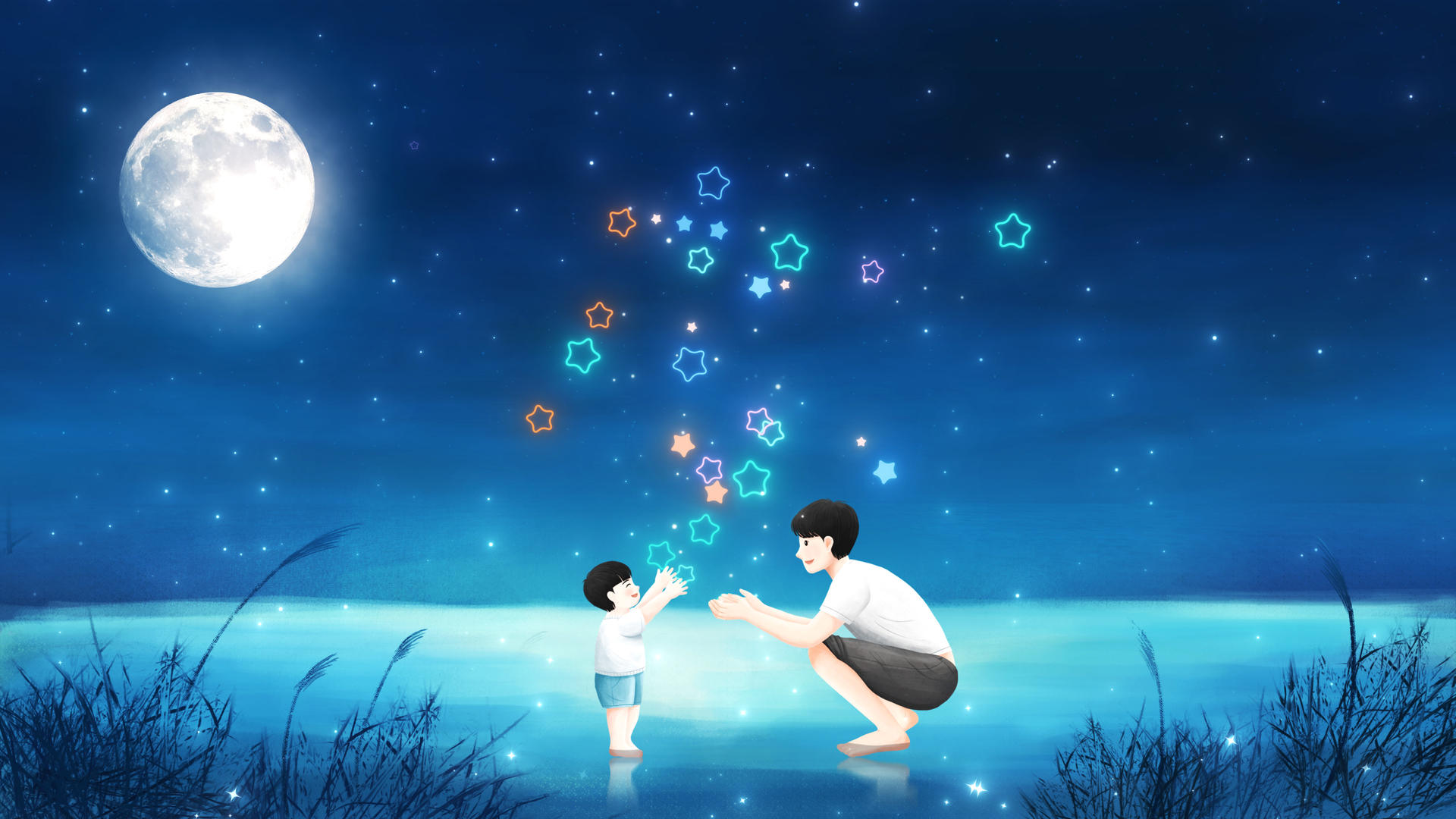 漫画美月夜星光点点户外父子玩父亲节背景视频的预览图