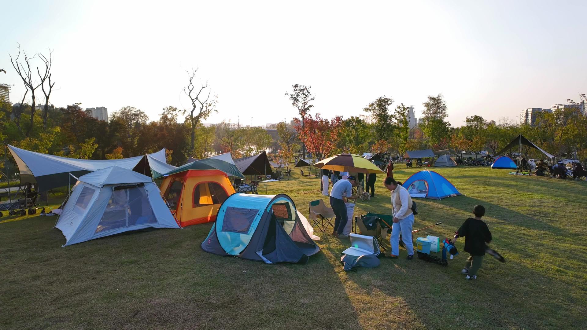 冬季阳光草坪露营人群延迟4K视频的预览图