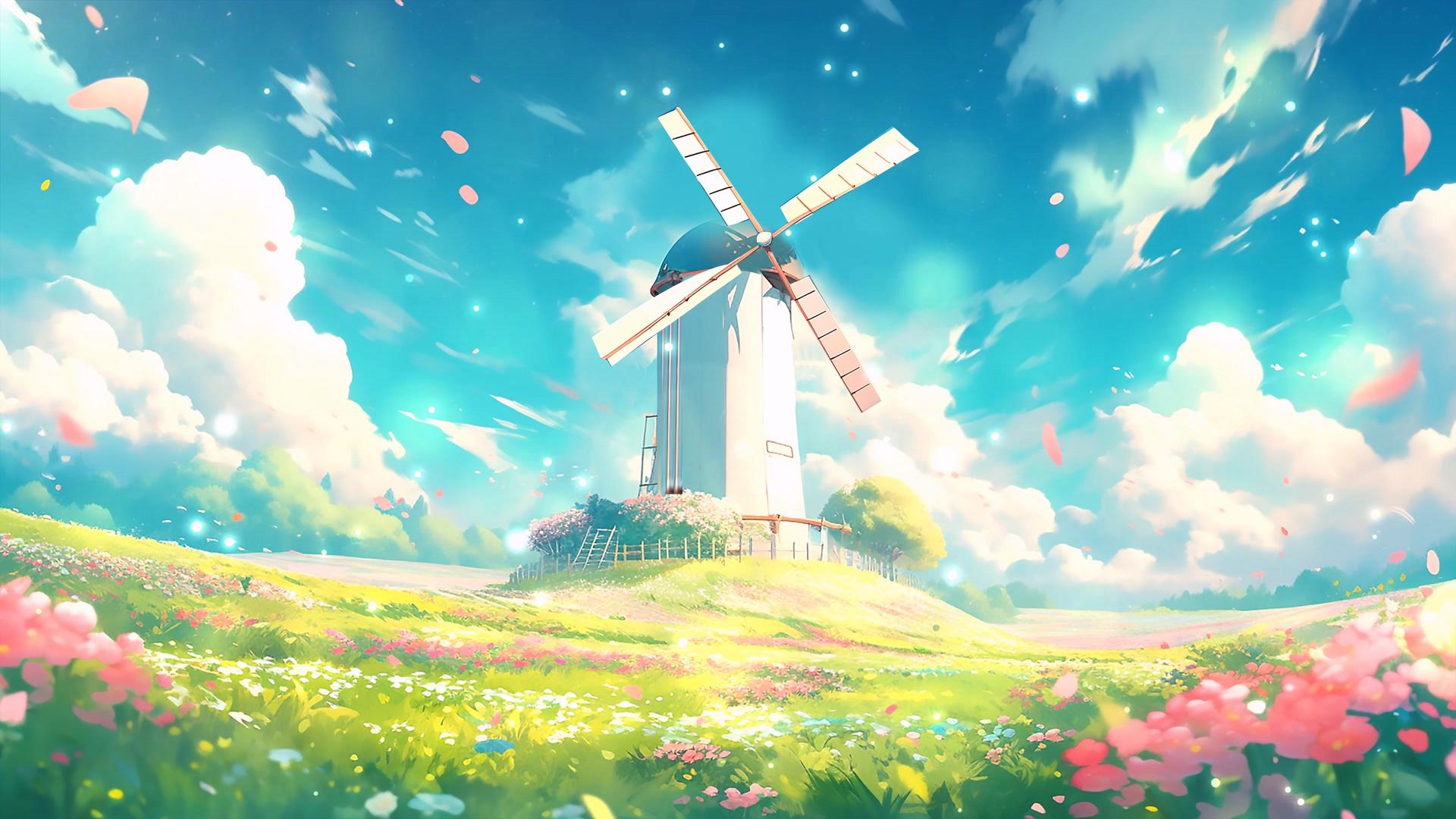 清新唯美的夏季风车花园背景视频视频的预览图